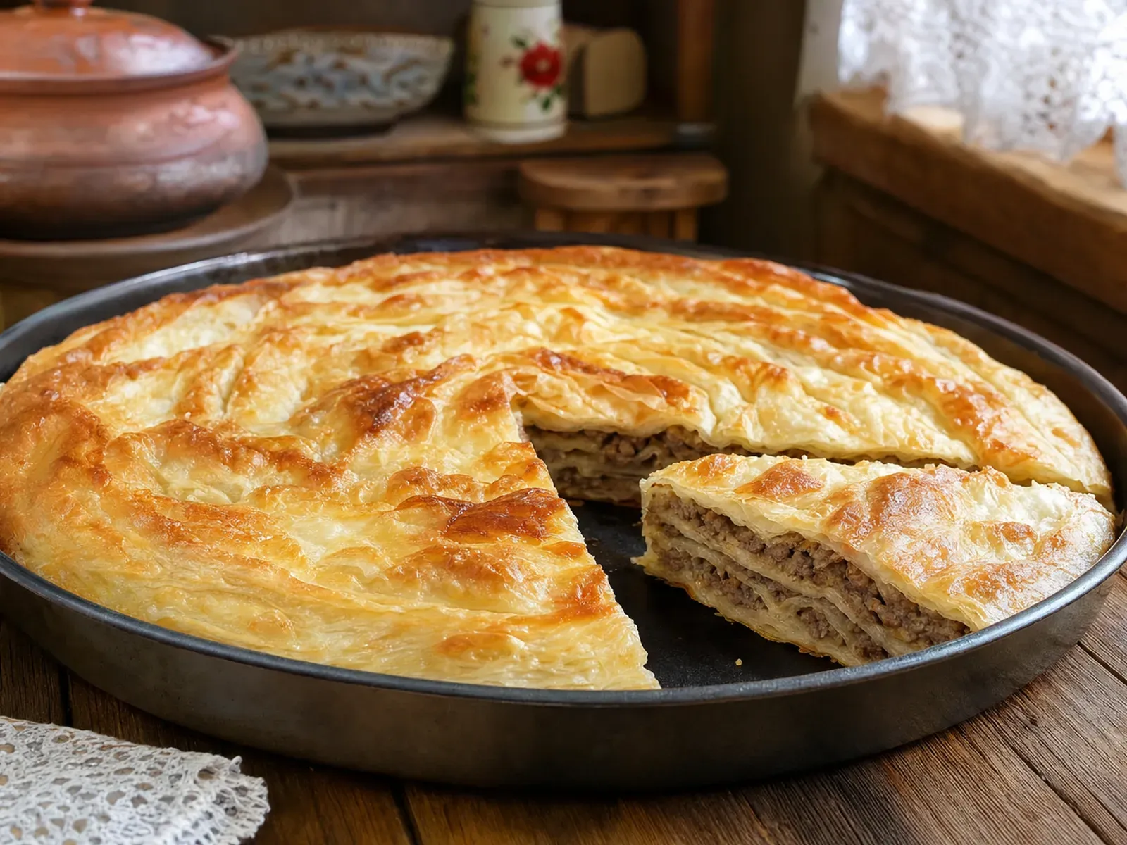 Okrugli slagani burek s mesom zlatne korice, s izrezanim komadom koji otkriva slojeve kora i mesa