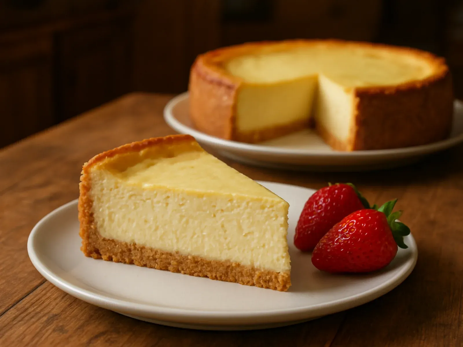 Kriška pečenog cheesecakea s podlogom od keksa i kremastim filom na tanjiru