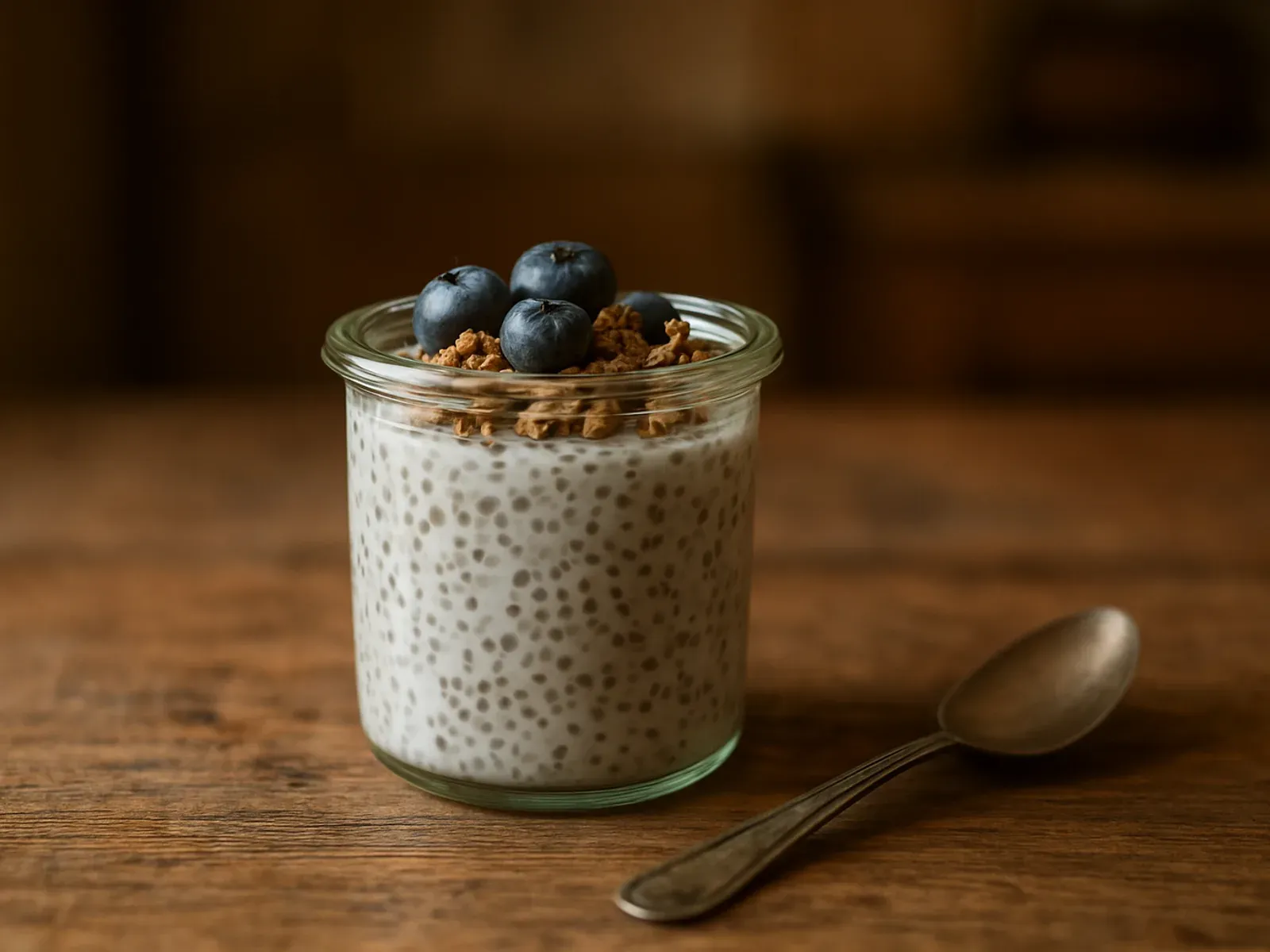 Chia puding u staklenoj tegli s borovnicama i granolom na vrhu