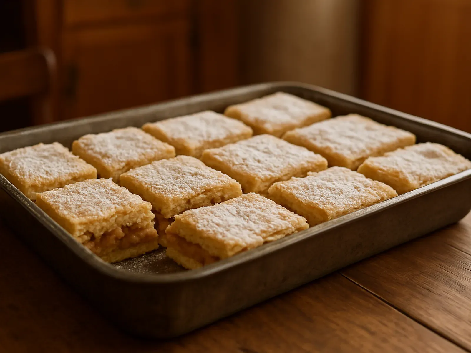 Kocke lijene pite s jabukama posute šećerom u prahu, sa slojem rendanih jabuka između kora