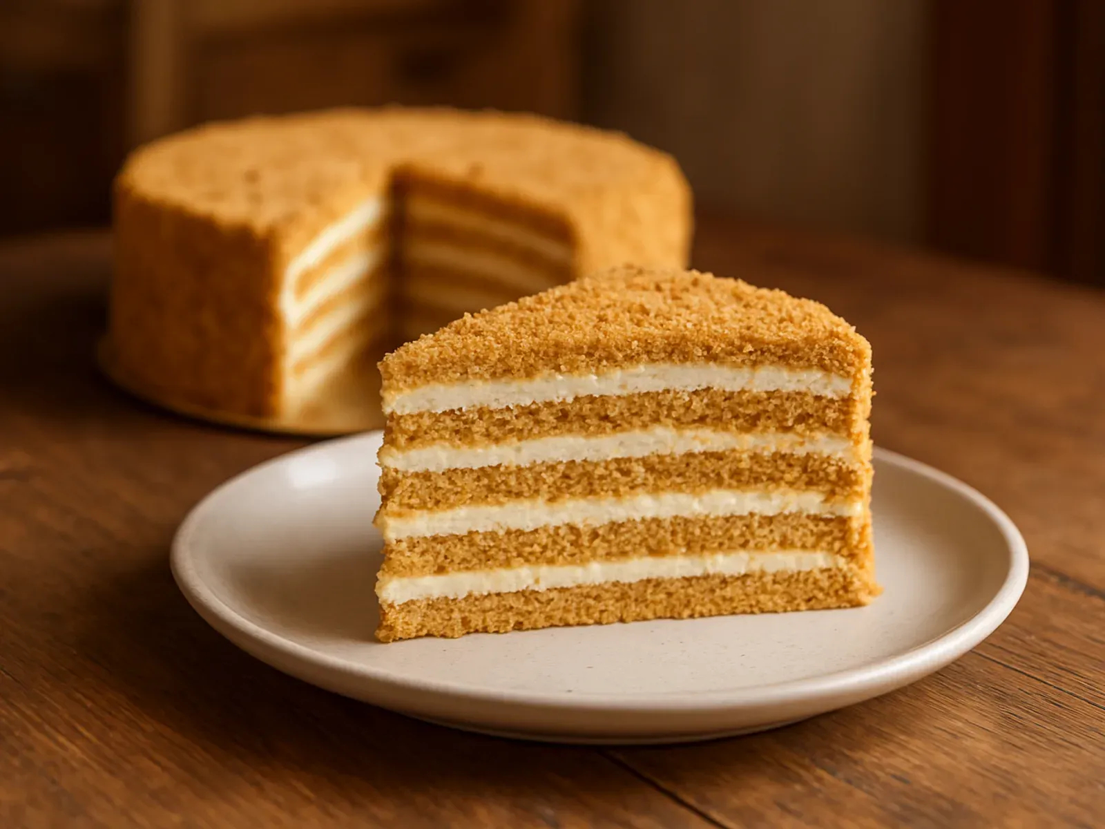 Kriška medene torte s mnogo tankih kora i bijele kreme, posuta mrvicama