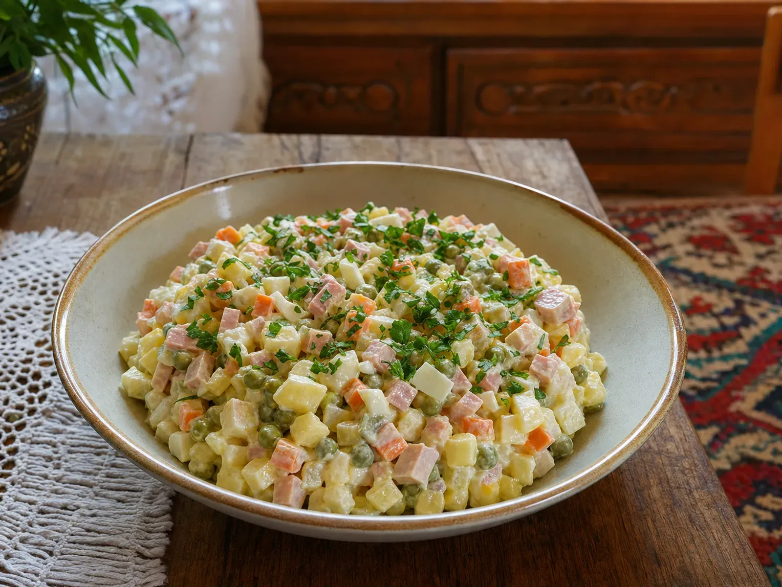 Zdjela ruske salate s krompirom, mrkvom, graškom, jajima i šunkom u majonezi