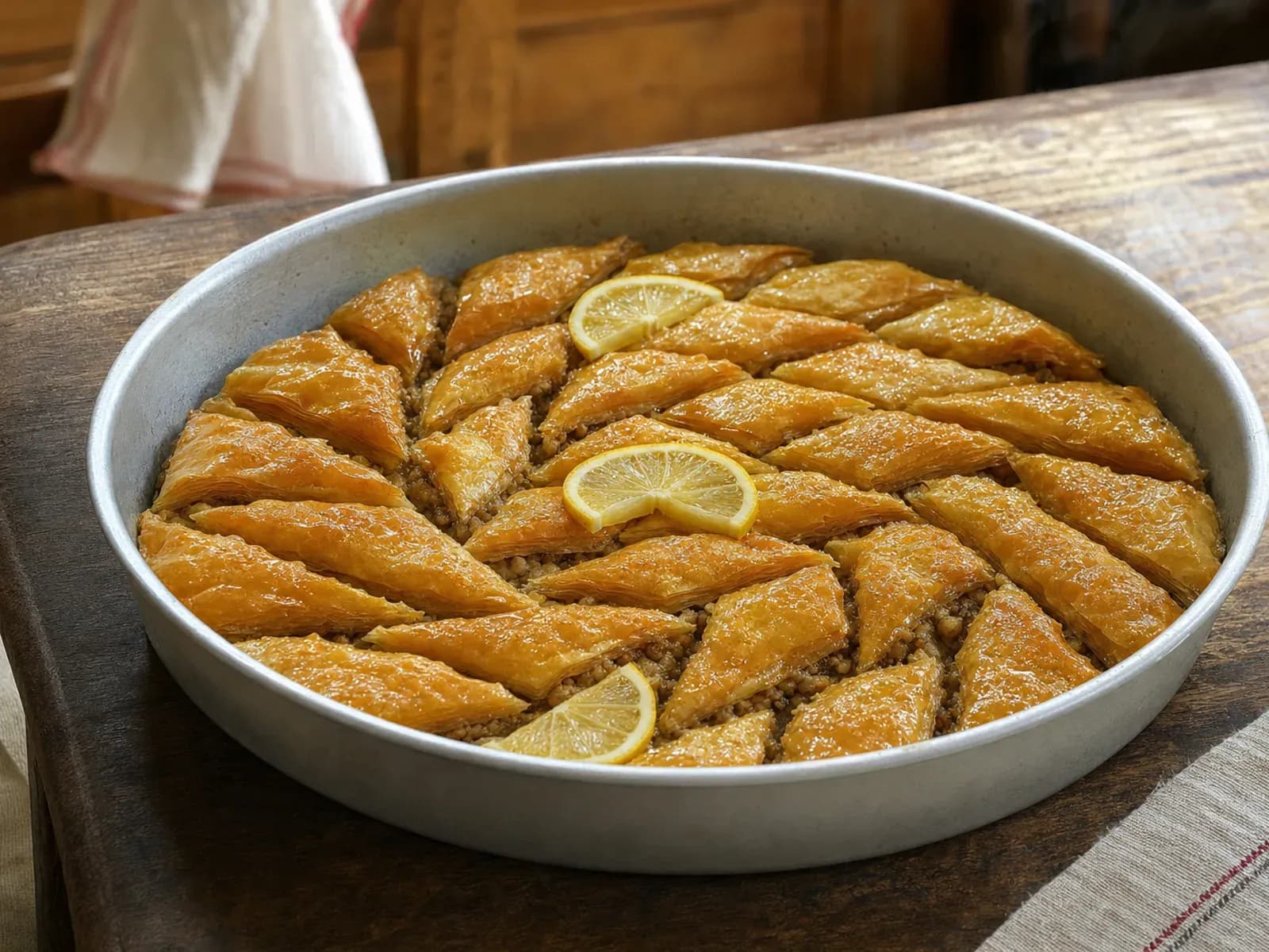 Komadi bosanske baklave s orasima u obliku romba, natopljeni agdom