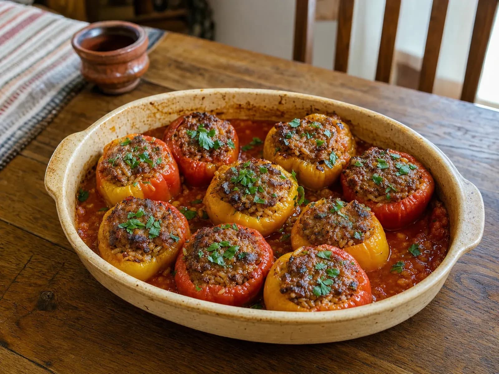 Pečene punjene paprike s mesom i rižom u umaku od paradajza u tepsiji