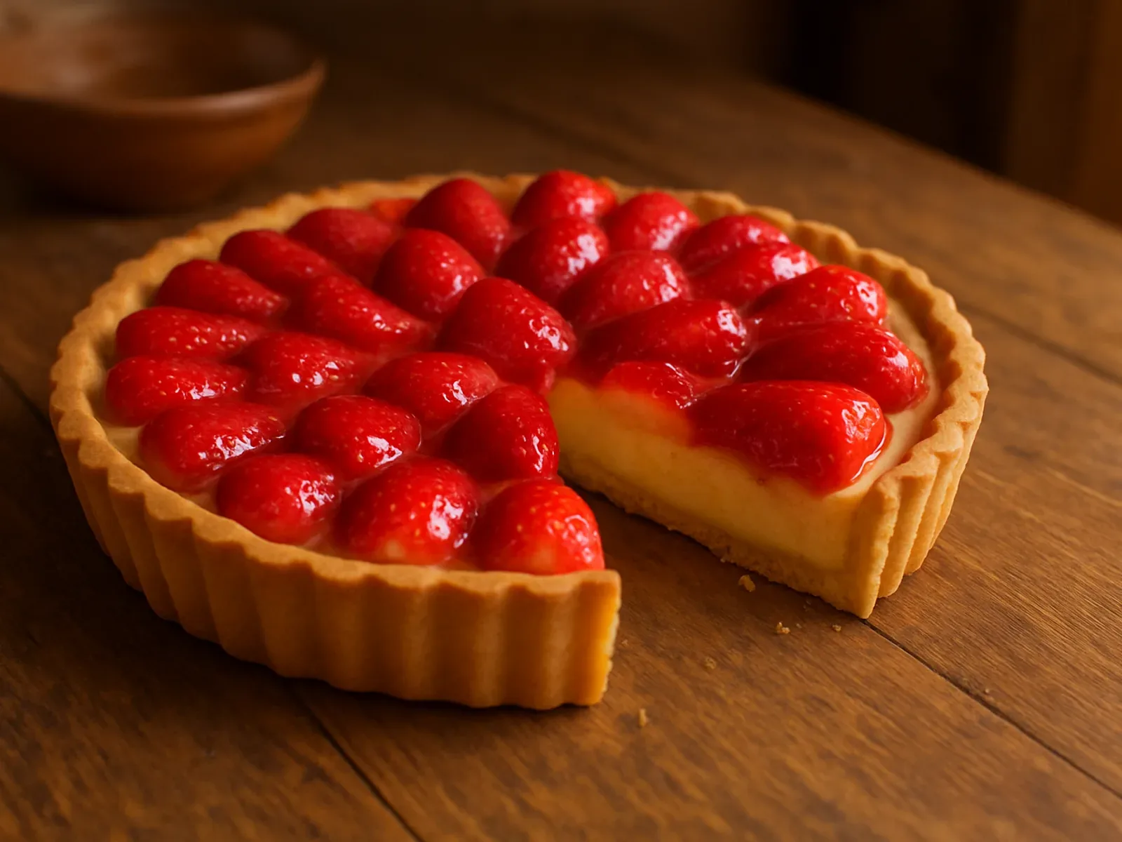 Tart s jagodama i kremom od vanilije na hrskavoj kori, jagode sjajne od džema