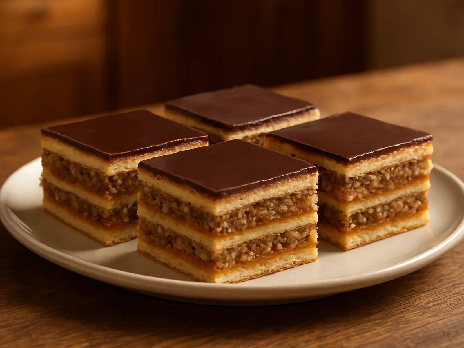 Kocke žerbo kolača s četiri tanke kore, džemom od marelice, orasima i čokoladnom glazurom
